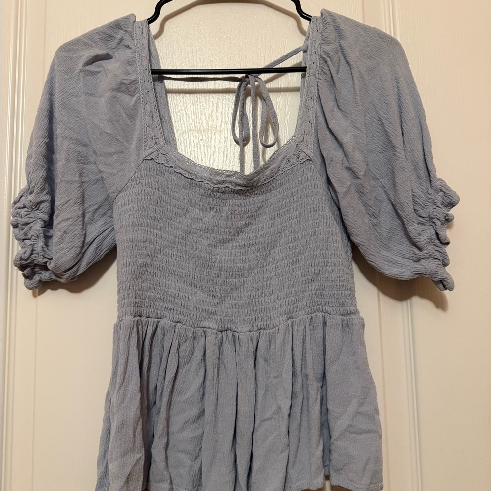 In Bloom Light Blue Smocked Peasant Top with Puff Sleeves